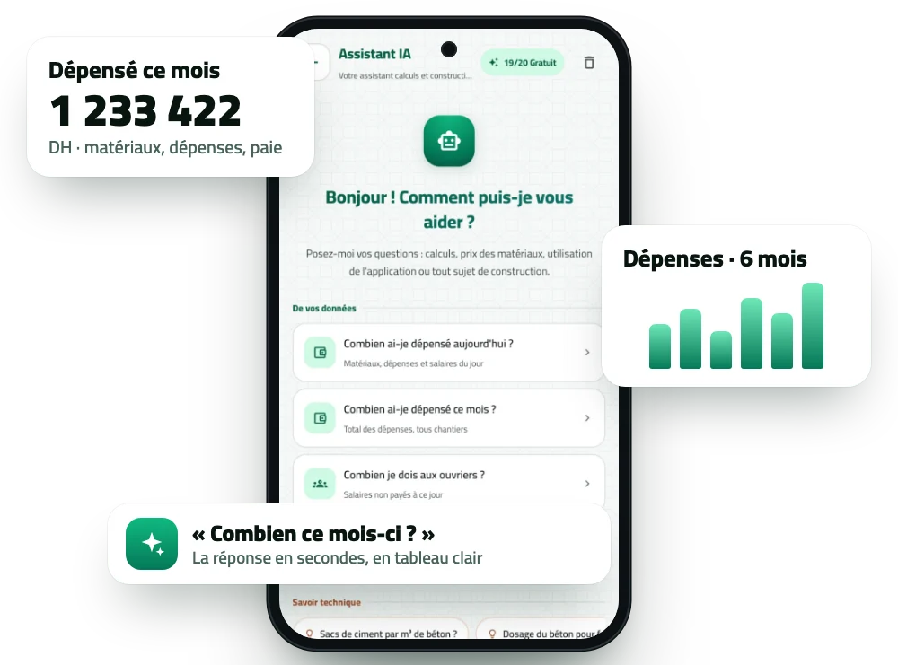 Écran de l’assistant avec la carte dépensé ce mois et le graphique sur six mois