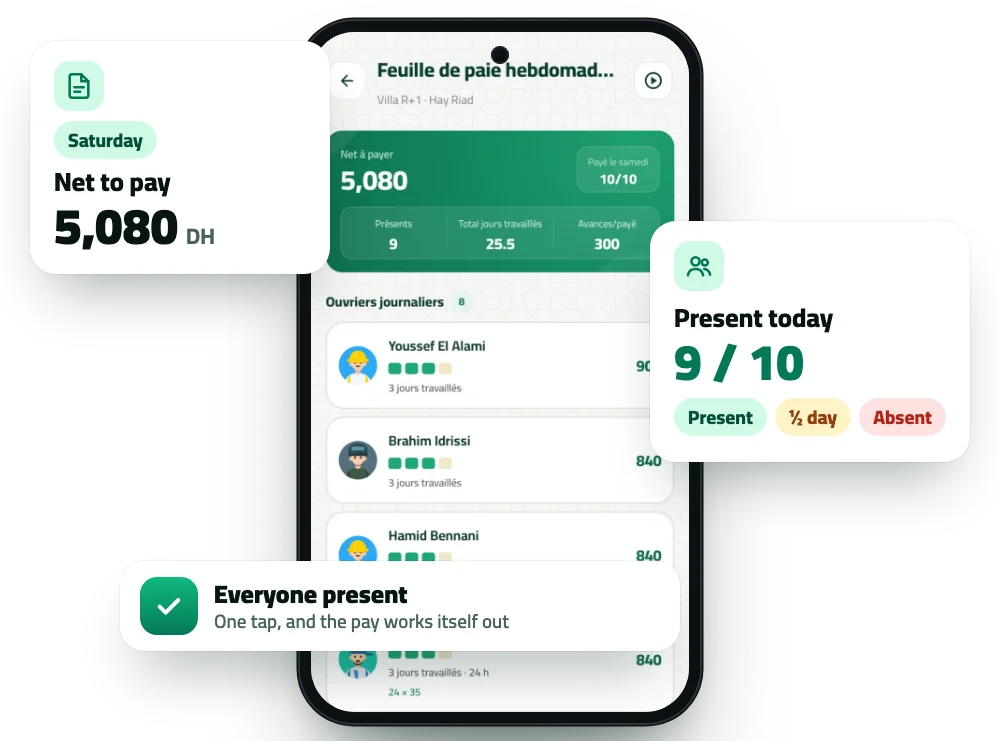 Attendance screen with the net-to-pay and present-today cards